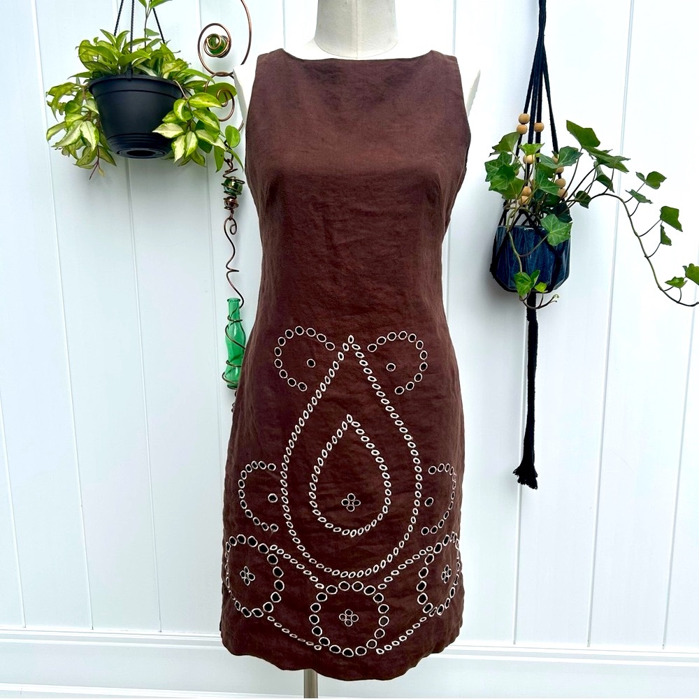 Isaac Mizrahi Brown Linen Embroidered Knee Length Dress Zip